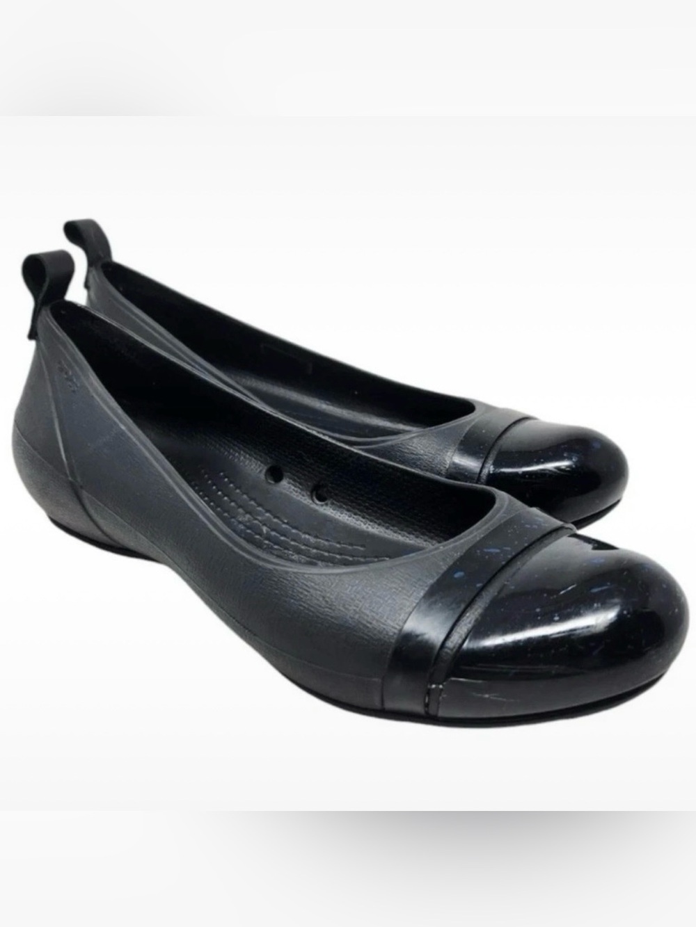 Crocs Black Patent Blue Speck Cap Toe Ballet Flats Slip-On Shoes Women’s Size 8